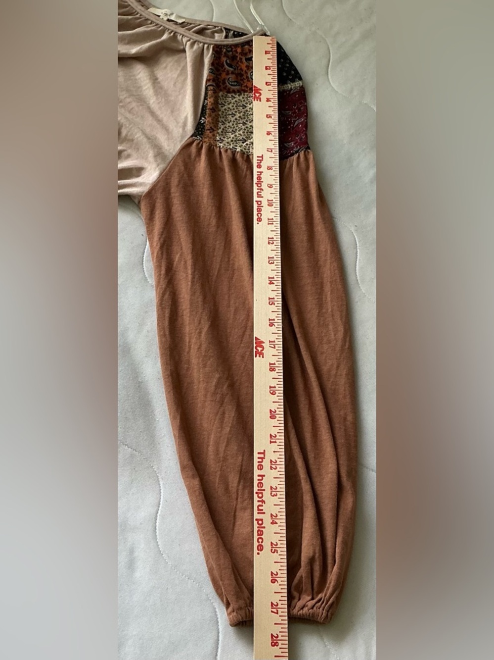 Easel Mixed Media Patchwork Top S Beige Brown Balloon Sleeve Boho Hippie Peasant - Picture 11 of 11